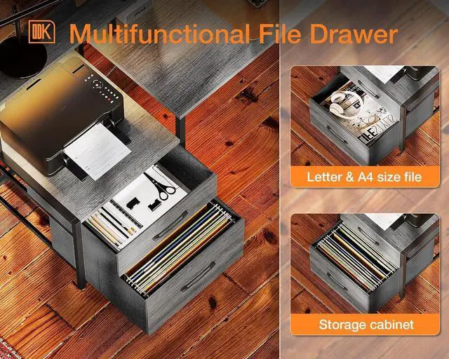 Alt view image 4 of 7 - L Shaped Desk with File Drawer, 75" Reversible L Shaped Computer Desk with Power Outlet & LED Strip, Office Desk with Storage Shelves, Gaming Desk with Monitor Shelf, Corner Desk, Grey Oak