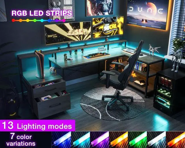 Alt view image 5 of 7 - L Shaped Desk with File Drawer, 75" Reversible L Shaped Computer Desk with Power Outlet & LED Strip, Office Desk with Storage Shelves, Gaming Desk with Monitor Shelf, Corner Desk, Grey Oak