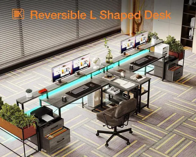 Alt view image 7 of 7 - L Shaped Desk with File Drawer, 75" Reversible L Shaped Computer Desk with Power Outlet & LED Strip, Office Desk with Storage Shelves, Gaming Desk with Monitor Shelf, Corner Desk, Grey Oak