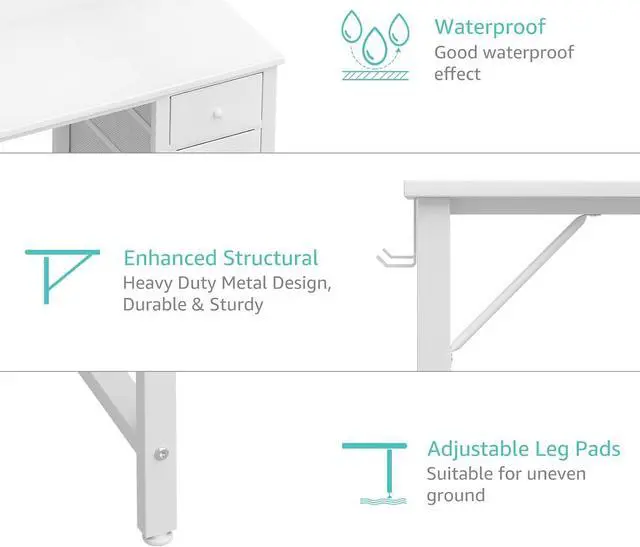Alt view image 7 of 7 - White Computer Desk with Drawers - 47 Inch Study Work Writing Desk for Home Office Bedroom, Simple Modern Cute PC Desks with Fabric Drawer, White