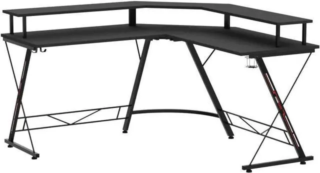 Alt view image 5 of 7 - L Shaped Gaming Desk with LED Lights & Power Outlets, 50.4 Computer Desk with Monitor Stand & Carbon Fiber Surface, Corner Desk with Cup Holder, Gaming Table with Hooks, Black