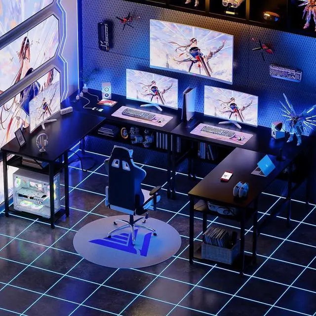 Alt view image 2 of 7 - Reversible L Shaped Desk with Magic Power Outlets and USB Charging Ports, Sturdy Corner Computer Desk with Storage Shelves, Gaming Table Home Office Desk, Easy to Assemble, Black