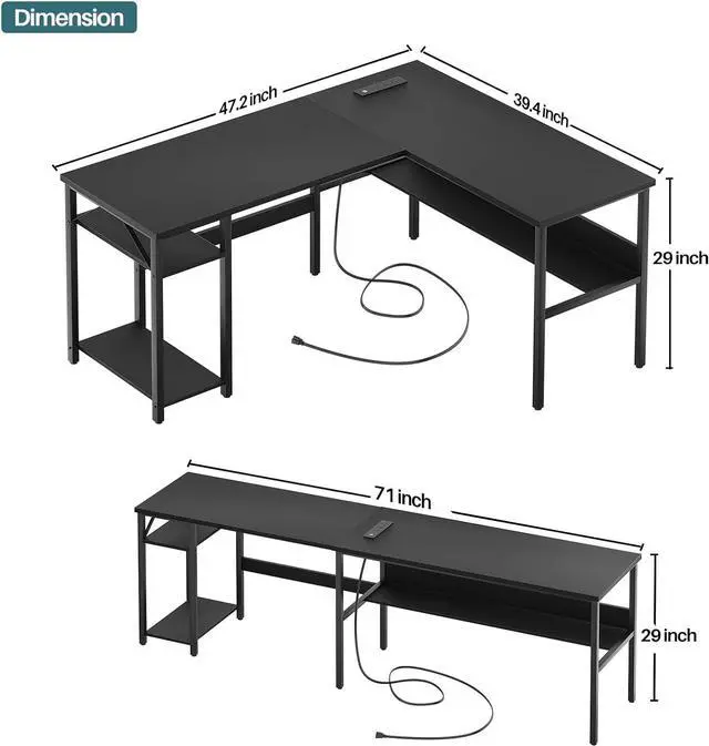 Alt view image 3 of 7 - Reversible L Shaped Desk with Magic Power Outlets and USB Charging Ports, Sturdy Corner Computer Desk with Storage Shelves, Gaming Table Home Office Desk, Easy to Assemble, Black