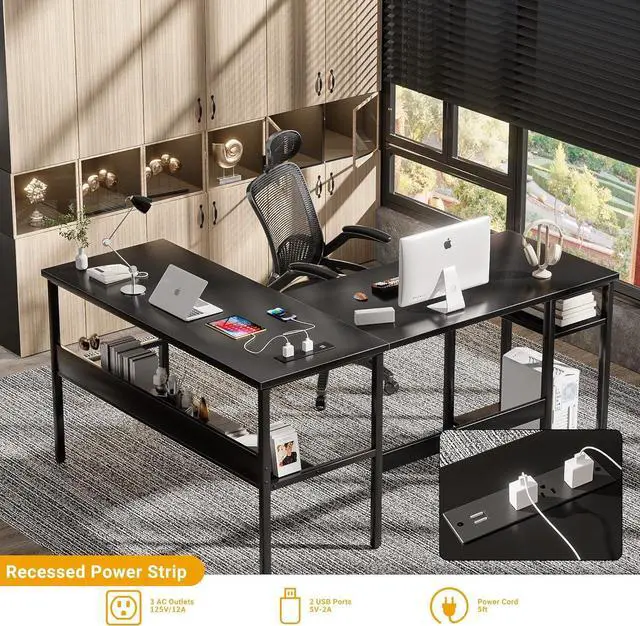 Alt view image 4 of 7 - Reversible L Shaped Desk with Magic Power Outlets and USB Charging Ports, Sturdy Corner Computer Desk with Storage Shelves, Gaming Table Home Office Desk, Easy to Assemble, Black