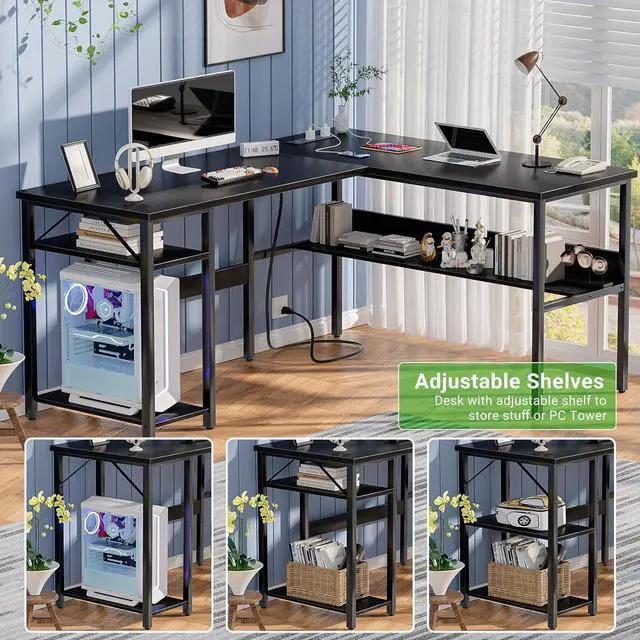Alt view image 6 of 7 - Reversible L Shaped Desk with Magic Power Outlets and USB Charging Ports, Sturdy Corner Computer Desk with Storage Shelves, Gaming Table Home Office Desk, Easy to Assemble, Black