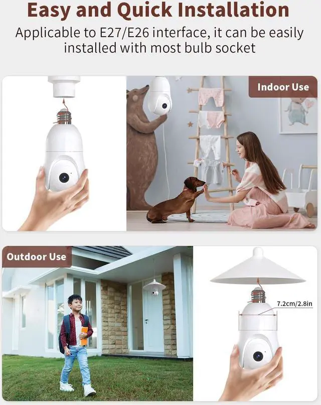 Alt view image 2 of 7 - 2K Light Bulb Security Camera 2.4GHz, 360° Motion Tracking Wireless Security Camera Outside, Full-Color Night Vision Indoor/Outdoor Camera, SD&Cloud Storage, E27/E26 Light Socket Camera