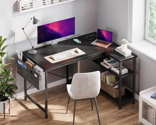 Alt view image 2 of 7 - 40 Inch Small L Shaped Gaming Computer Desk with Power Outlets, Reversible Storage Shelves & PC Stand for Home Office, Simple Writing Study Table with Storage Bag for Small Space, Black