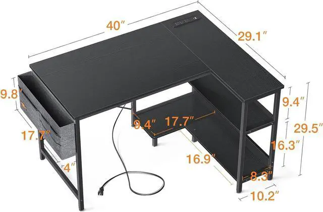 Alt view image 3 of 7 - 40 Inch Small L Shaped Gaming Computer Desk with Power Outlets, Reversible Storage Shelves & PC Stand for Home Office, Simple Writing Study Table with Storage Bag for Small Space, Black