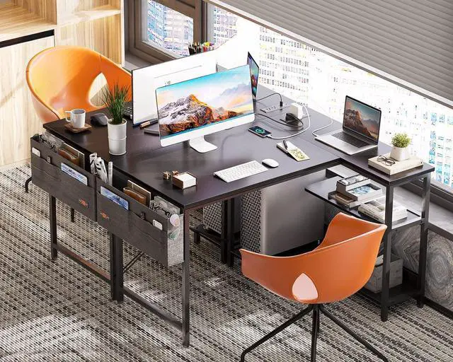 Alt view image 4 of 7 - 40 Inch Small L Shaped Gaming Computer Desk with Power Outlets, Reversible Storage Shelves & PC Stand for Home Office, Simple Writing Study Table with Storage Bag for Small Space, Black