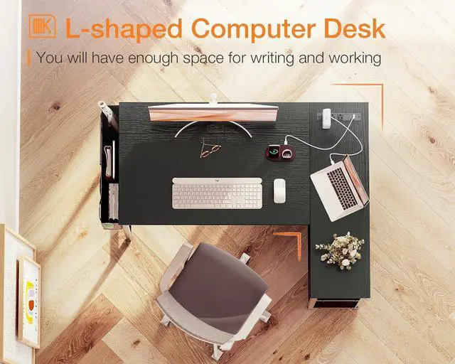 Alt view image 6 of 7 - 40 Inch Small L Shaped Gaming Computer Desk with Power Outlets, Reversible Storage Shelves & PC Stand for Home Office, Simple Writing Study Table with Storage Bag for Small Space, Black