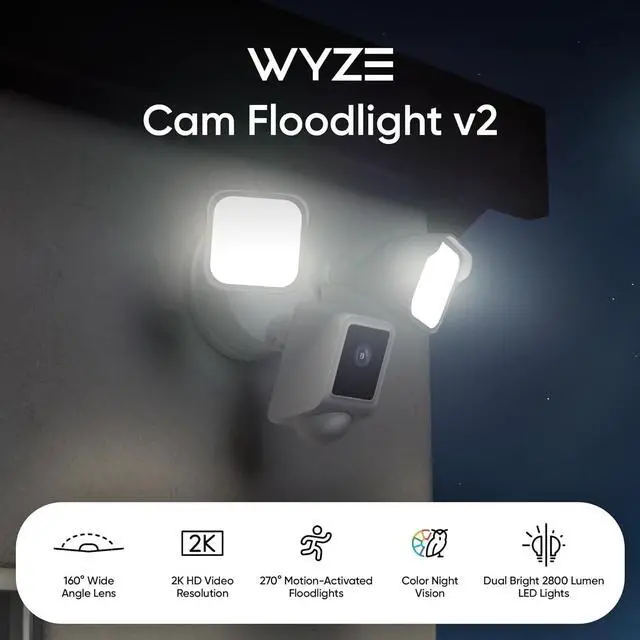 Alt view image 2 of 7 - WYZE Floodlight Camera v2, 2800-Lumen LEDs, 2K HD Outdoor Security Camera, 160° Wide View, Motion Activated Light, 105dB Siren, Color Night Vision, Compatible with Alexa & Google Assistant, Wired