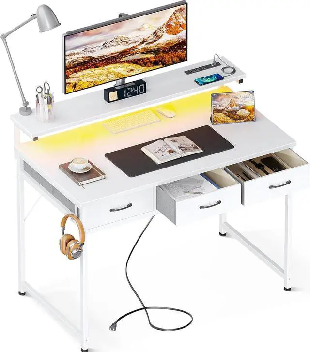 Main image of 40 Inch Small Computer Desk with 3 Drawers and USB Power Outlets, Home Office Desks with LED Lights and Adjustable Monitor Stand, Work from Home, Modern Work/Writing/Study Table for Bedroom, White