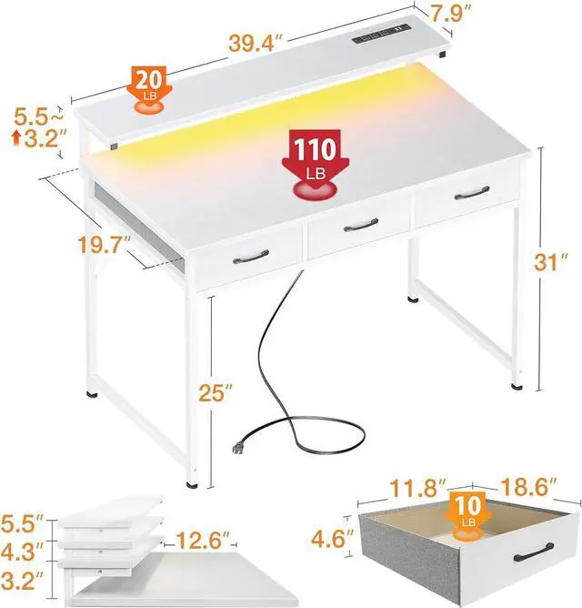 Alt view image 3 of 7 - 40 Inch Small Computer Desk with 3 Drawers and USB Power Outlets, Home Office Desks with LED Lights and Adjustable Monitor Stand, Work from Home, Modern Work/Writing/Study Table for Bedroom, White