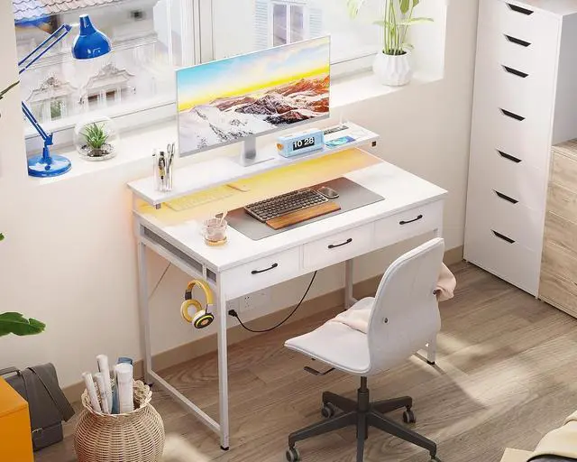 Alt view image 2 of 7 - 40 Inch Small Computer Desk with 3 Drawers and USB Power Outlets, Home Office Desks with LED Lights and Adjustable Monitor Stand, Work from Home, Modern Work/Writing/Study Table for Bedroom, White