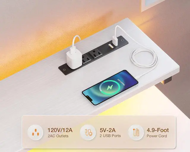 Alt view image 5 of 7 - 40 Inch Small Computer Desk with 3 Drawers and USB Power Outlets, Home Office Desks with LED Lights and Adjustable Monitor Stand, Work from Home, Modern Work/Writing/Study Table for Bedroom, White