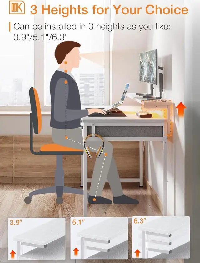 Alt view image 7 of 7 - 40 Inch Small Computer Desk with 3 Drawers and USB Power Outlets, Home Office Desks with LED Lights and Adjustable Monitor Stand, Work from Home, Modern Work/Writing/Study Table for Bedroom, White