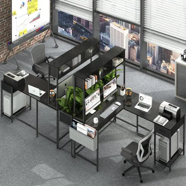 Alt view image 6 of 7 - Yoobure L Shaped Desk Gaming Desk with LED Strip & Power Outlet, Reversible L-Shaped Computer Desk with Storage Shelf & Drawer, Corner Desk with Storage Bag, 2 Person Home Office Desk, Black