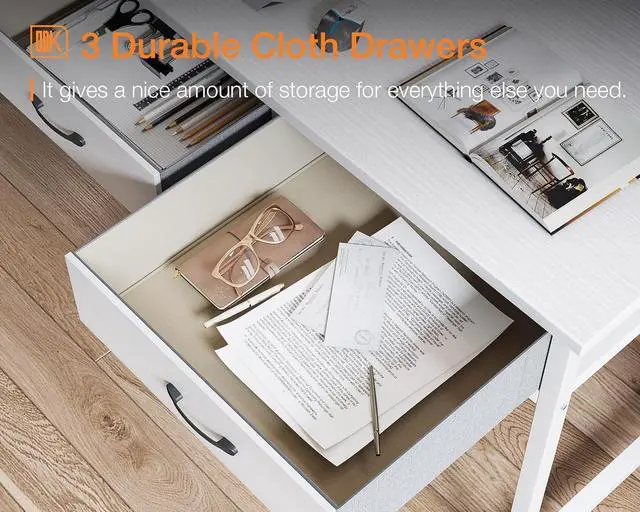 Alt view image 6 of 7 - 40 Inch Small Computer Desk with 3 Drawers and USB Power Outlets, Home Office Desks with LED Lights and Adjustable Monitor Stand, Work from Home, Modern Work/Writing/Study Table for Bedroom, White