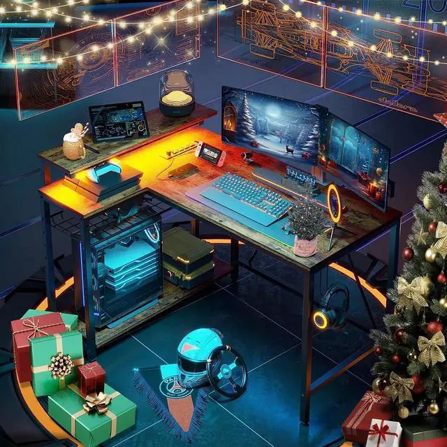 Alt view image 2 of 7 - Small Gaming Desk with Power Outlets,42 L Shaped LED Computer Desk with Monitor Stand Reversible Storage Shelves,Corner Gamer Desk with Headset Hooks USB Charging Port,Carbon Fiber Black