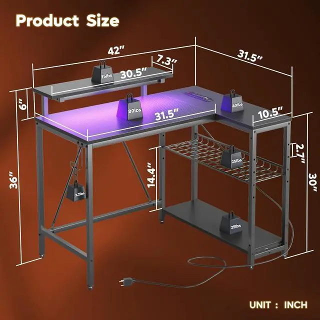 Alt view image 3 of 7 - Small Gaming Desk with Power Outlets,42 L Shaped LED Computer Desk with Monitor Stand Reversible Storage Shelves,Corner Gamer Desk with Headset Hooks USB Charging Port,Carbon Fiber Black