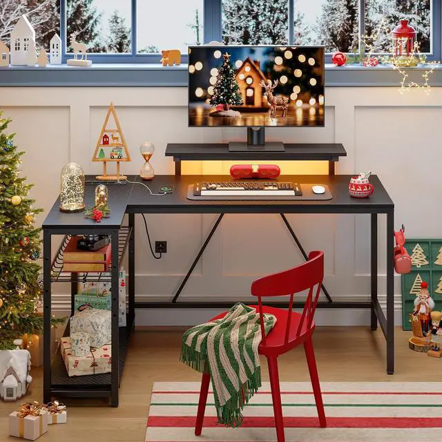 Alt view image 5 of 7 - Small Gaming Desk with Power Outlets,42 L Shaped LED Computer Desk with Monitor Stand Reversible Storage Shelves,Corner Gamer Desk with Headset Hooks USB Charging Port,Carbon Fiber Black