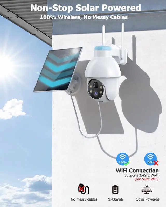 Alt view image 3 of 7 - Security Camera Wireless Outdoor, 2K Solar Security Camera,Battery Powered 360°PTZ Outdoor Camera,Color Night Vision,2-Way Audio,PIR Motion Detection,Compatible with Alexa