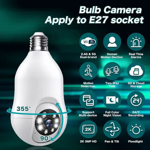 Alt view image 3 of 7 - Light Bulb Security Camera, 5G/2.4GHz WiFi 2K Light Bulb Cameras Outdoor Indoor with E27 Socket, Motion Detection and Siren Alarm,Two-Way Talk,Color Night Vision,Compatible with Alexa