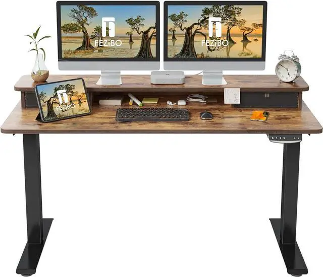 Main image of 55 x 24 Inch Height Adjustable Electric Standing Desk with Double Drawer, Stand Up Desk with Storage Shelf, Sit Stand Desk, Rustic Brown