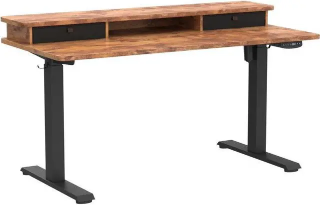Alt view image 5 of 7 - 55 x 24 Inch Height Adjustable Electric Standing Desk with Double Drawer, Stand Up Desk with Storage Shelf, Sit Stand Desk, Rustic Brown