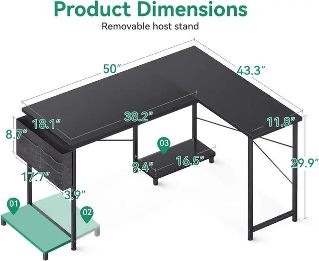 Alt view image 3 of 7 - A L Shaped Desk, 50 Inch Computer Desk with Storage Bag, Reversible Home Office Desk with Host Stand, Black Corner Table for Bedroom Studio, Modern Wood PC Desk for Study Work