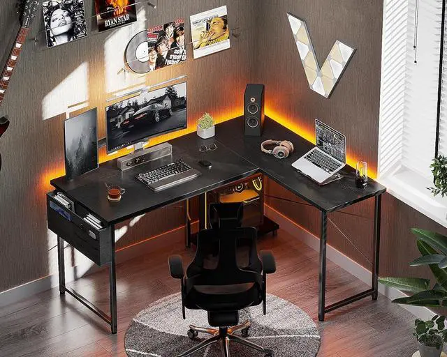 Alt view image 2 of 7 - A L Shaped Desk, 50 Inch Computer Desk with Storage Bag, Reversible Home Office Desk with Host Stand, Black Corner Table for Bedroom Studio, Modern Wood PC Desk for Study Work