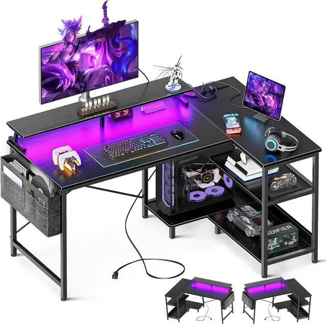 Main image of 48 Inch Gaming Desk with USB Charging Ports and LED Lights, Reversible L Shaped Computer Desk with Storage Shelves & Monitor Stand, Corner Gamer Desk Table with Power Outlets, Black