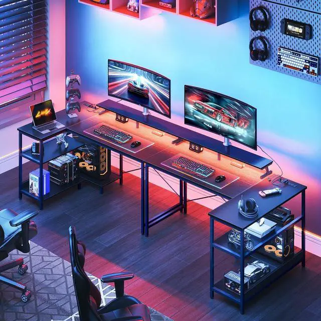Alt view image 2 of 7 - 48 Inch Gaming Desk with USB Charging Ports and LED Lights, Reversible L Shaped Computer Desk with Storage Shelves & Monitor Stand, Corner Gamer Desk Table with Power Outlets, Black