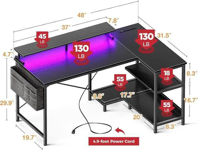 Alt view image 3 of 7 - 48 Inch Gaming Desk with USB Charging Ports and LED Lights, Reversible L Shaped Computer Desk with Storage Shelves & Monitor Stand, Corner Gamer Desk Table with Power Outlets, Black