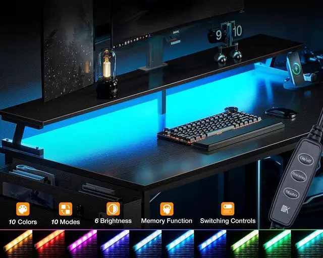 Alt view image 4 of 7 - 48 Inch Gaming Desk with USB Charging Ports and LED Lights, Reversible L Shaped Computer Desk with Storage Shelves & Monitor Stand, Corner Gamer Desk Table with Power Outlets, Black