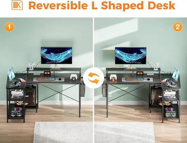 Alt view image 6 of 7 - 48 Inch Gaming Desk with USB Charging Ports and LED Lights, Reversible L Shaped Computer Desk with Storage Shelves & Monitor Stand, Corner Gamer Desk Table with Power Outlets, Black