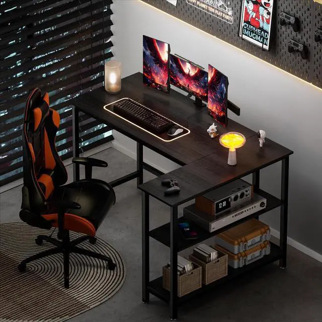 Alt view image 2 of 6 - L Shaped Desk - 39" Home Office Computer Desk with Shelf, Gaming Desk Corner Table for Work, Writing and Study, Space-Saving, Black