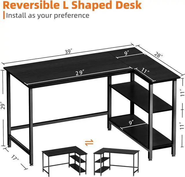 Alt view image 3 of 6 - L Shaped Desk - 39" Home Office Computer Desk with Shelf, Gaming Desk Corner Table for Work, Writing and Study, Space-Saving, Black