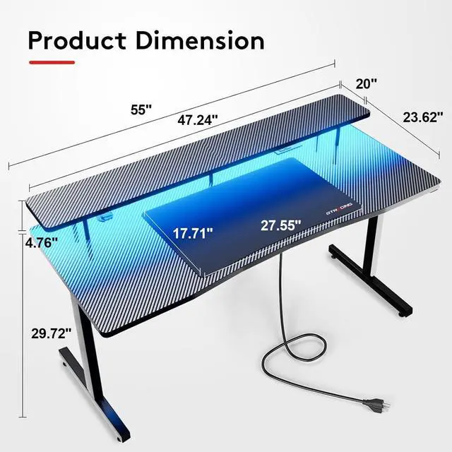 Alt view image 2 of 7 - 55 Inch Gaming Desk with LED Lights, Computer Gamer Desk with Monitor Stand, Ergonomic Carbon Fiber Surface Gaming Table with Power Outlet and Mouse Pad for Home Office, RGB