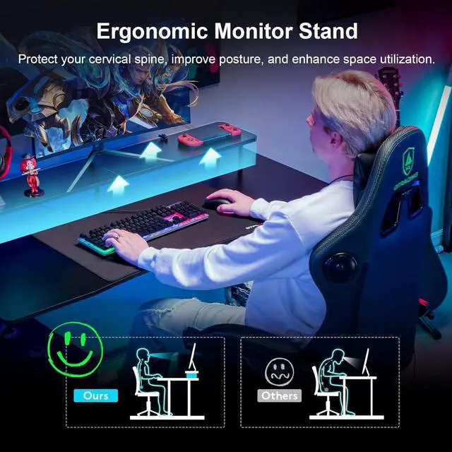 Alt view image 3 of 7 - GTRACING 55 Inch Gaming Desk, Computer Gamer Desk with Monitor Stand, Ergonomic Carbon Fiber Surface Gaming Table with Power Outlet and Mouse Pad for Home Office, RGB