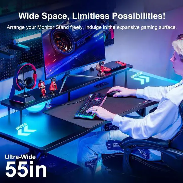 Alt view image 5 of 7 - GTRACING 55 Inch Gaming Desk, Computer Gamer Desk with Monitor Stand, Ergonomic Carbon Fiber Surface Gaming Table with Power Outlet and Mouse Pad for Home Office, RGB