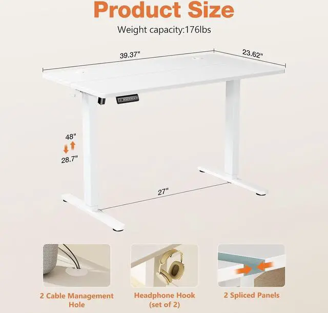 Alt view image 3 of 7 - Electric Standing Desk - 40 x 24 inch Adjustable Height Sit to Stand Up Desk with Splice Board, Rising Home Office Computer Table with 2 Hook and Wire Hole for Work