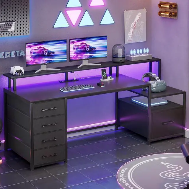 Alt view image 3 of 7 - Computer Desk with 5 Drawer, Power Outlet & Led Lights, 66'' Home Office Desk with File Drawer, Storage, Monitor Shelf, Gaming Desk, Black