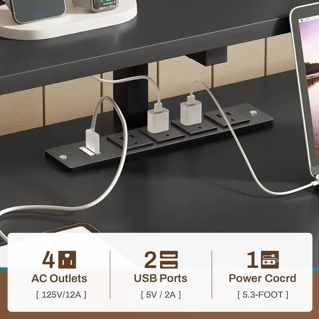 Alt view image 4 of 7 - Computer Desk with 5 Drawer, Power Outlet & Led Lights, 66'' Home Office Desk with File Drawer, Storage, Monitor Shelf, Gaming Desk, Black