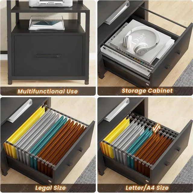 Alt view image 7 of 7 - Computer Desk with 5 Drawer, Power Outlet & Led Lights, 66'' Home Office Desk with File Drawer, Storage, Monitor Shelf, Gaming Desk, Black