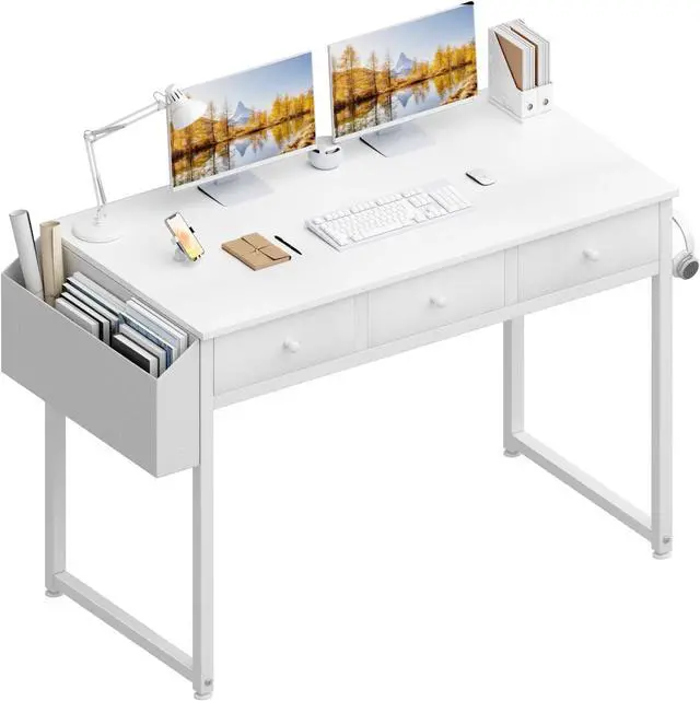 Main image of Small White Computer Desk with Fabric Drawers for Home Office Bedroom, 40 Inch Vanity Desk with Drawer Storage and Side Pouch, Study Writing Table, White