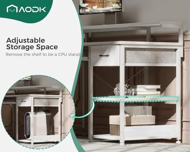 Alt view image 5 of 7 - A Small Computer Desk, 40 Inch Office Desk with Power Outlets, Study Table with Drawer and Keyboard Tray, Reversible Desk with Adjustable Monitor Shelf and Storage Shelf for Home, White