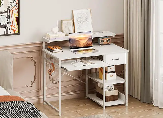 Alt view image 2 of 7 - A Small Computer Desk, 40 Inch Office Desk with Power Outlets, Study Table with Drawer and Keyboard Tray, Reversible Desk with Adjustable Monitor Shelf and Storage Shelf for Home, White