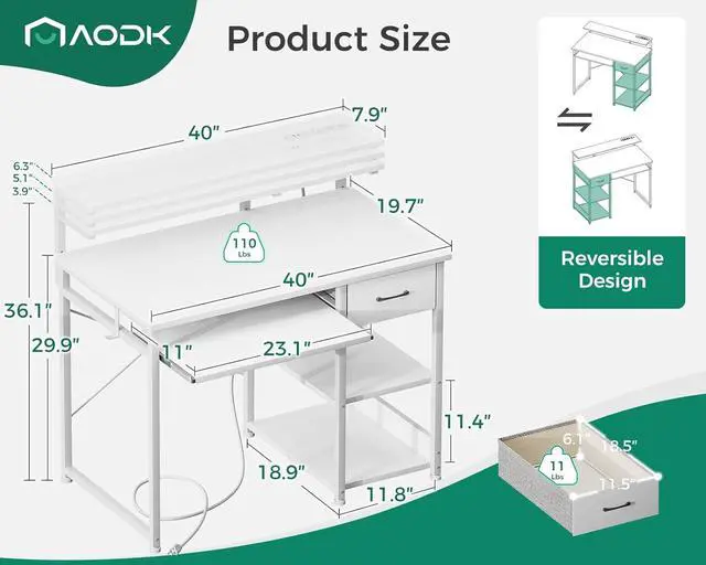 Alt view image 3 of 7 - A Small Computer Desk, 40 Inch Office Desk with Power Outlets, Study Table with Drawer and Keyboard Tray, Reversible Desk with Adjustable Monitor Shelf and Storage Shelf for Home, White