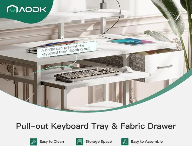 Alt view image 7 of 7 - A Small Computer Desk, 40 Inch Office Desk with Power Outlets, Study Table with Drawer and Keyboard Tray, Reversible Desk with Adjustable Monitor Shelf and Storage Shelf for Home, White